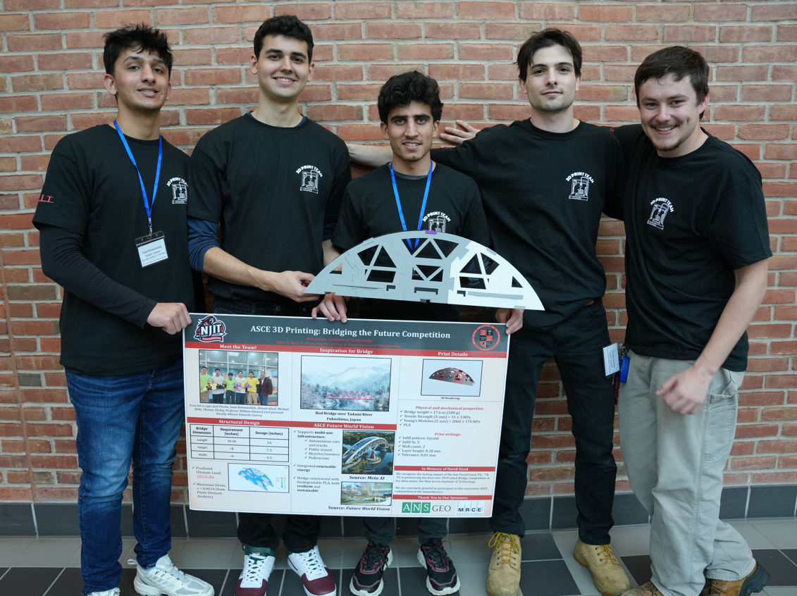 The NJIT 3D Printed Bridge Team with their bridge and poster.